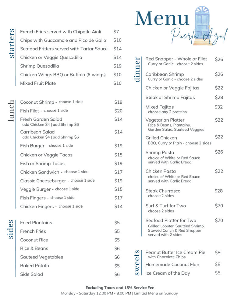 A menu from a restaurant in Roatan, Honduras, displayed on a light background with sections for starters, lunch, sides, dinner, and sweets, featuring a variety of seafood, chicken, and vegetarian dishes with prices listed in US dollars.