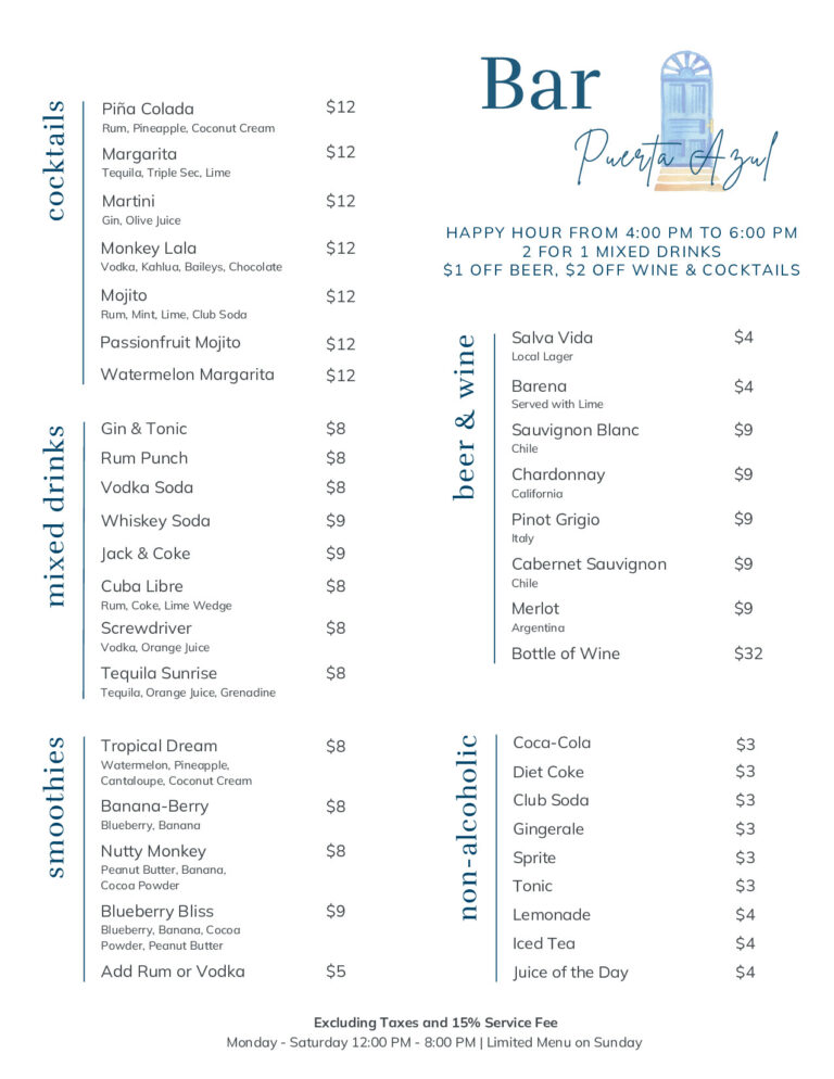 A colorful menu board from a bar in Roatan, Honduras, displaying a variety of cocktails, beers, wine, non-alcoholic drinks, and specialty smoothies with vibrant text and design elements.