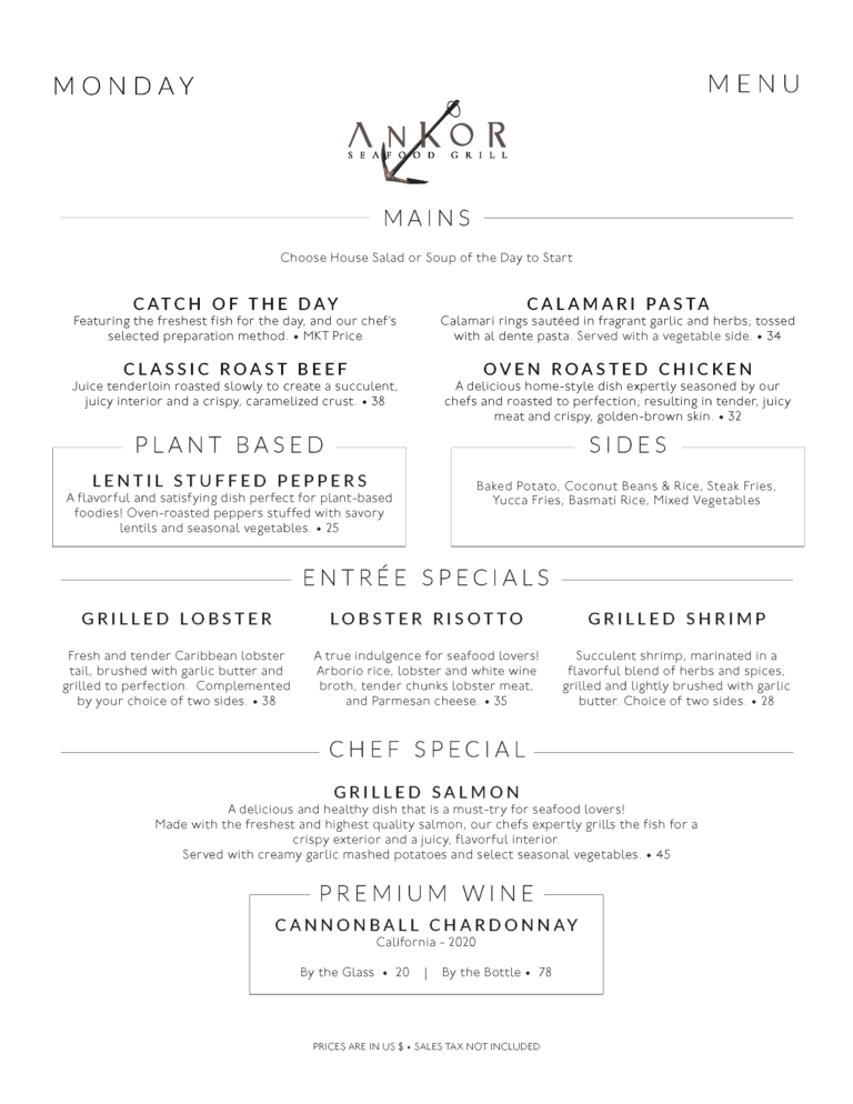 Roatan seafood restaurant menu featuring a clean design with sections for mains, entrees, chef specials, and wines, including Honduran and international dishes.