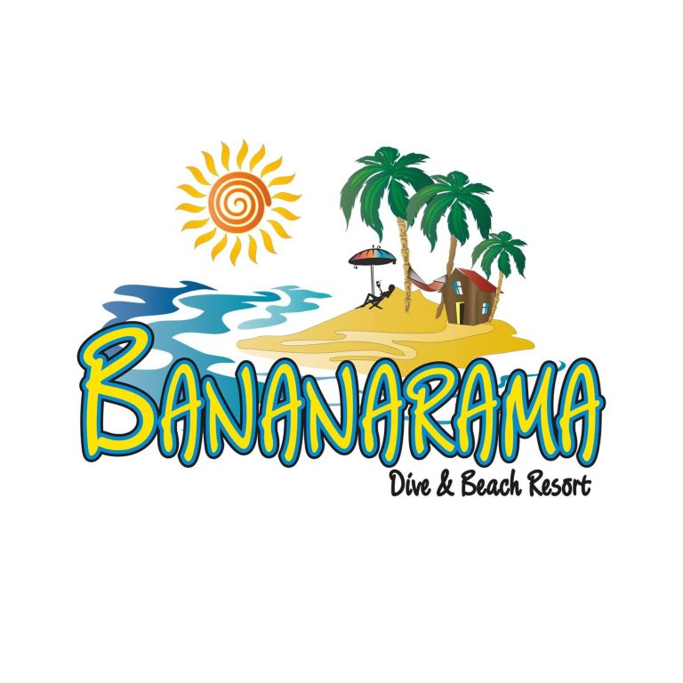 The image features the logo of Banana Bay Belize & Amusement, a dive and beach resort in Roatan, Honduras, with colorful illustrations of palm trees, a sun, a hammock, a bungalow, and water surrounding the text.
