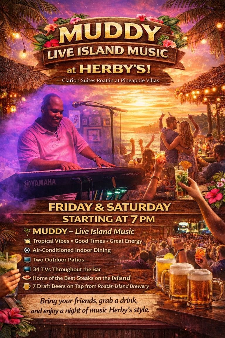 A lively outdoor dining and music event at Herby’s in Roatan, Honduras, featuring a musician playing a keyboard under a vibrant sunset sky with tropical decorations, string lights, and guests dancing and enjoying drinks on the patio.
