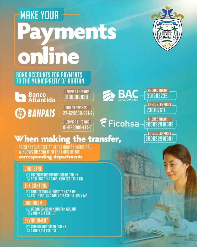 A woman in a light blue shirt holding a smartphone and a document with a background of a stone wall, providing a visual context for a business listing on RoatanYP.com in Roatan, Honduras.