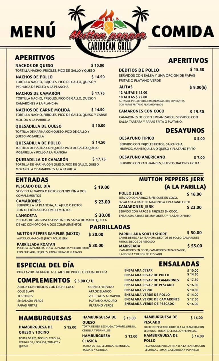 Colorful restaurant menu from Mutton Pepper Caribbean Grill in Roatan, Bay Islands, Honduras, featuring dishes like tacos, seafood, and grilled meats.