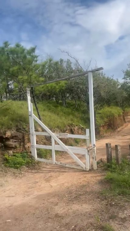 A white wooden gate and fence block a dirt path leading into a wooded area with trees and greenery on a hillside in Roatan, Honduras.