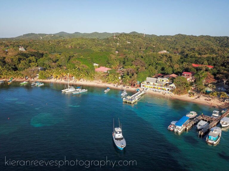 Aerial view of a small harbor in Roatan, Honduras, featuring boats docked along a sandy beach lined with palm trees and colorful buildings, with lush green hills in the background.