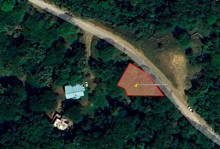 A satellite view of a small plot of land, labeled as a 0.127-acre lot in Milton Bight, Roatan, Honduras, with surrounding dense greenery and a nearby road.