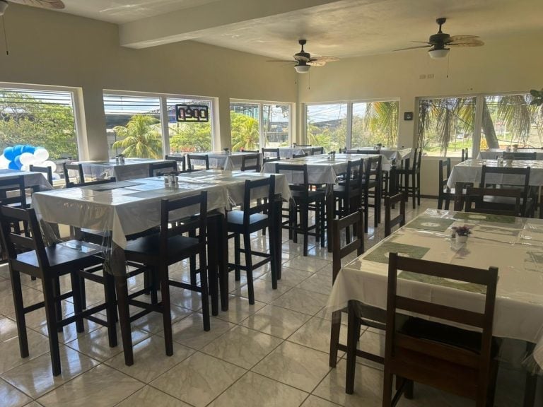 A bright indoor restaurant in Roatan, Honduras, features multiple tables with white tablecloths and dark wooden chairs, large windows offering views of palm trees and the outdoors, and ceiling fans for comfort.