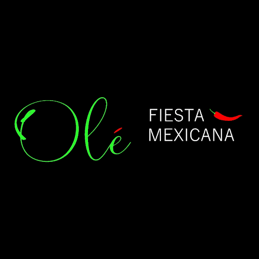 Olé Fiesta Mexicana logo featuring bright green script lettering, white uppercase text, and a red chili pepper on a black background for a Roatán, Honduras business listing.