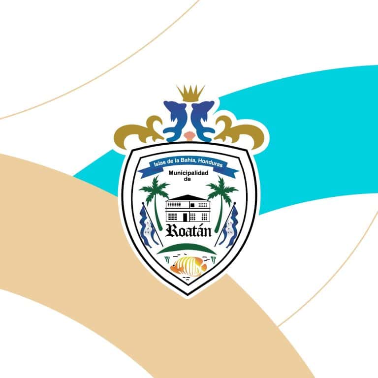 The image features a crest or emblem with the words "Municipalidad de Roatán" and includes elements such as palm trees, a building, and flags, representing the local government of Roatán in the Bay Islands of Honduras.