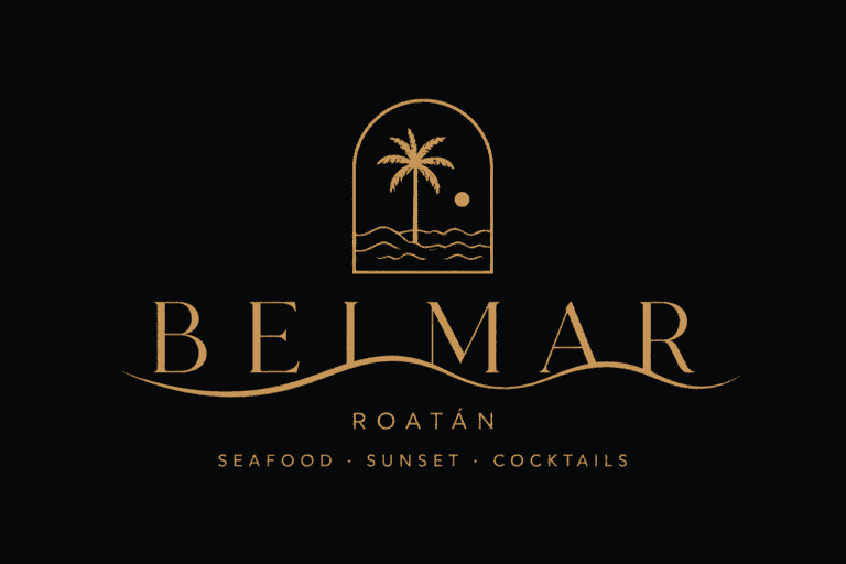 Belmar Roatán logo featuring a golden palm tree, sunset, ocean waves, and the words Seafood Sunset Cocktails on a black background in Roatán, Honduras.