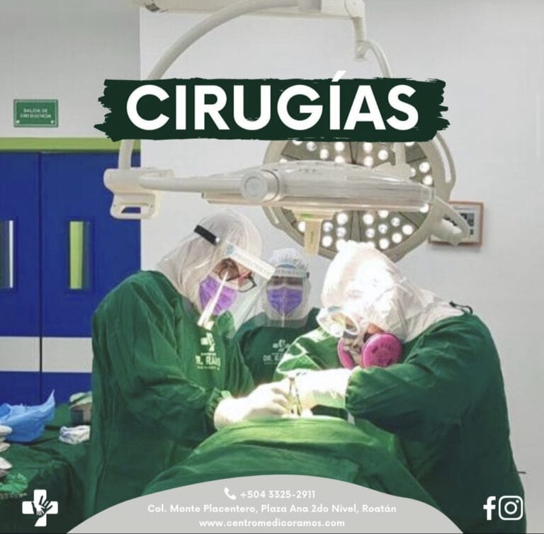 Surgeons performing a surgical operation in a modern hospital operating room on Roatan, Bay Islands, Honduras, with medical equipment and a bright overhead light.