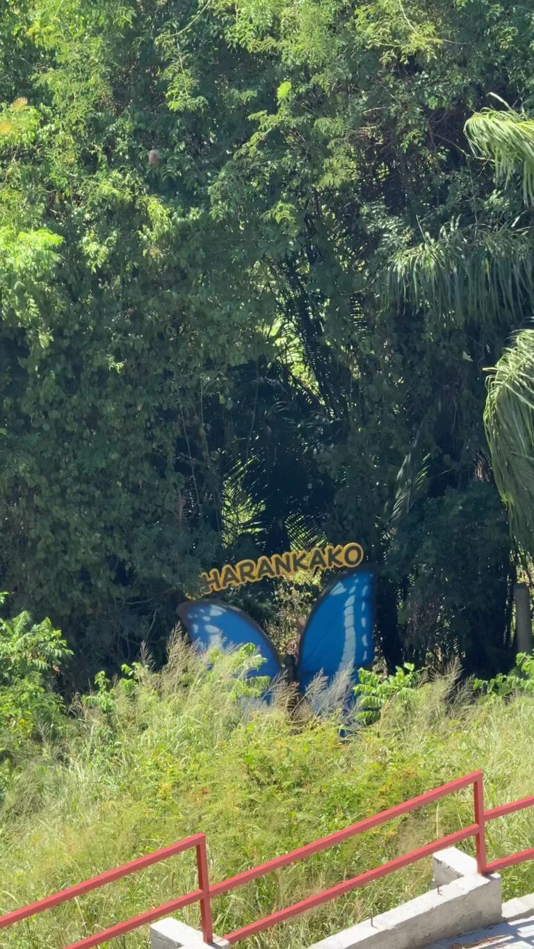 Bright blue whale tail sculpture with yellow lettering spelling 'HARANKAKO' nestled among lush green foliage in Roatan, Honduras.