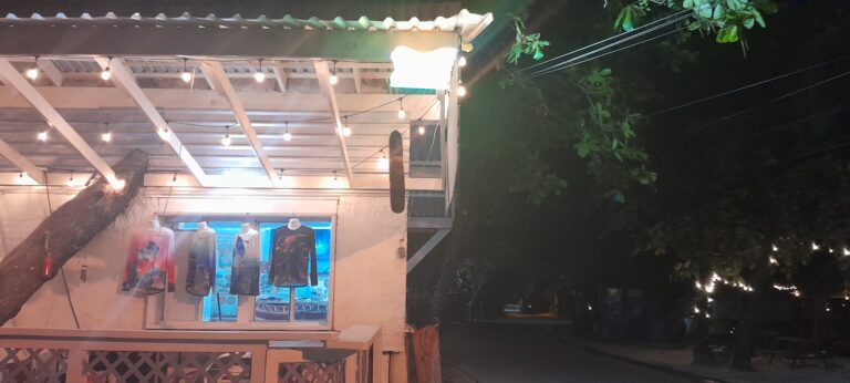 Night view of a small shop in Roatan, Honduras, illuminated with string lights, showcasing clothing and souvenirs inside and outside the store with lush greenery and power lines nearby.