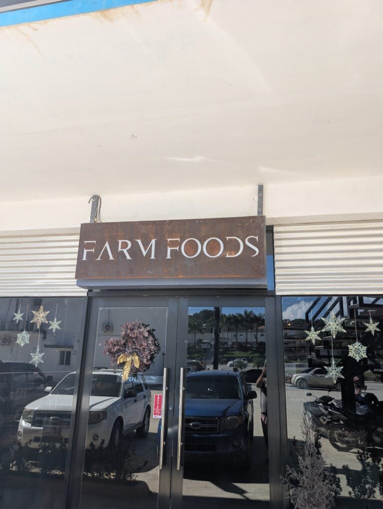 Storefront in Roatan, Honduras with a sign reading 'Farm Foods' and Christmas decorations on the glass door