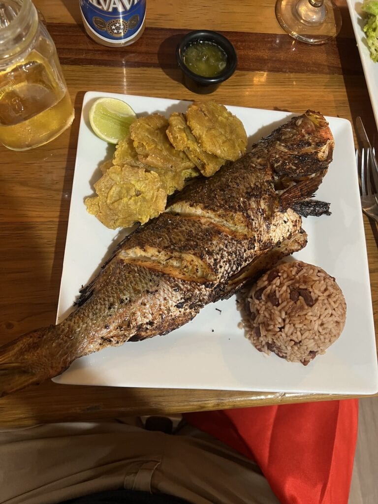 Grilled whole fish served on a white plate with lime wedges, fried plantains, red beans and rice, accompanied by a glass of beer, a small black bowl of green sauce, and a jar of lemon-infused water on a wooden table in Roatan, Honduras.