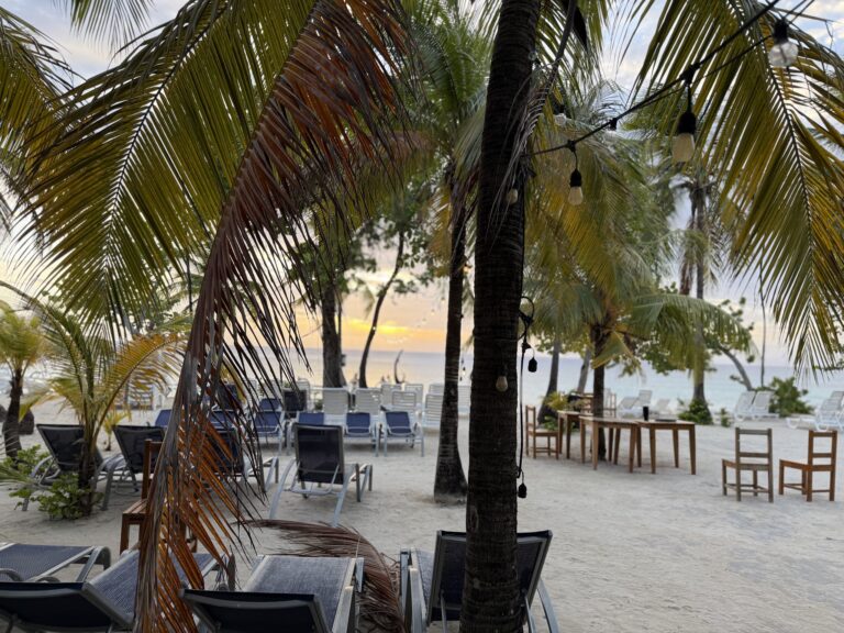 String lights hang between palm trees along a sandy beach in Roatan, Honduras, with lounge chairs arranged for relaxation at sunset.