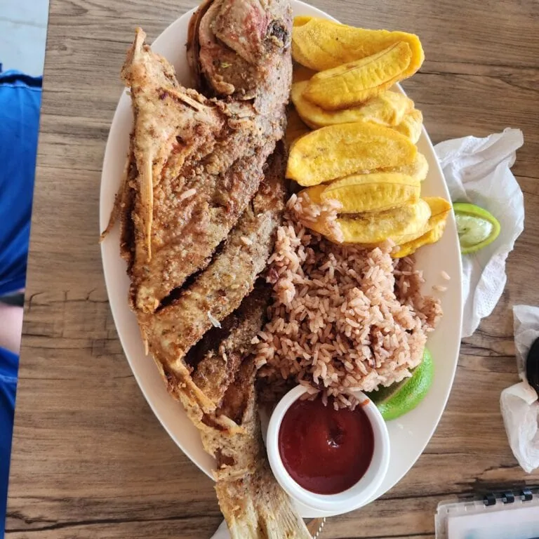 A plate of fried fish fillets served with crispy plantains, rice, and two small bowls of red and green sauces on a wooden table in Roatan, Honduras.