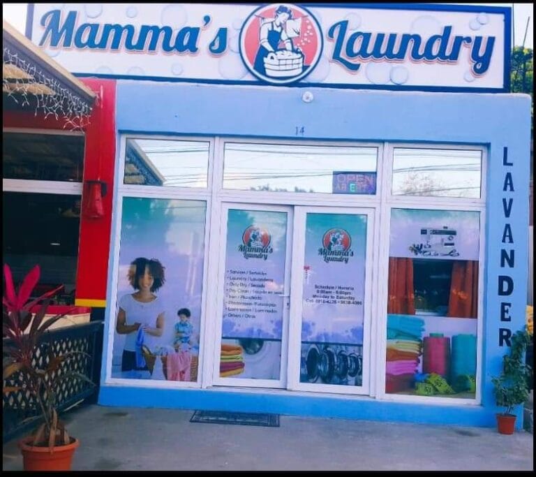 Front view of Mamma's Laundry on Roatan, Bay Islands, Honduras, showing the storefront with a glass door and windows displaying laundry services and colorful folded towels inside.