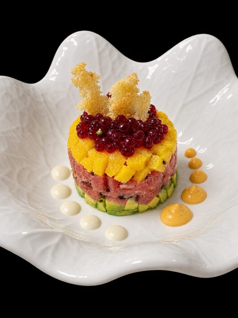 A colorful layered tuna tartare with avocado, mango, red berries, and crisp garnish is presented on a white sculptural plate in Roatan, Honduras.