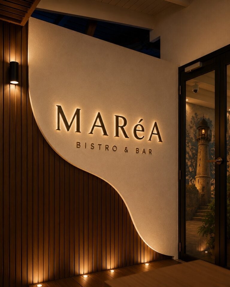 Illuminated Maréa Bistro & Bar sign on a modern wood-paneled entrance in Roatan, Honduras.