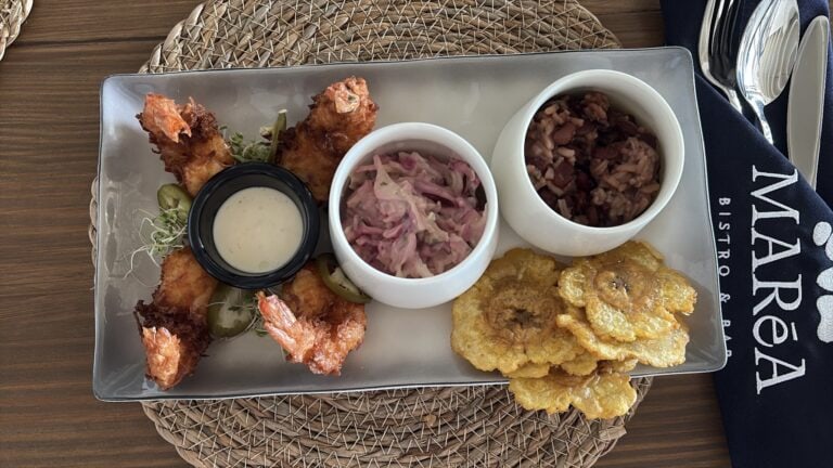 A Roatan, Honduras seafood platter features fried shrimp, pickled onions, dipping sauce, savory beans, and crispy plantain chips on a rectangular plate.