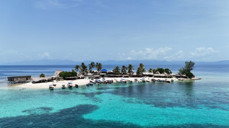 A scenic view of a small tropical island in Roatan, Honduras, with turquoise waters, numerous boats docked on the white sandy beach, palm trees, and thatched-roof structures against a backdrop of distant mountains and a clear blue sky.