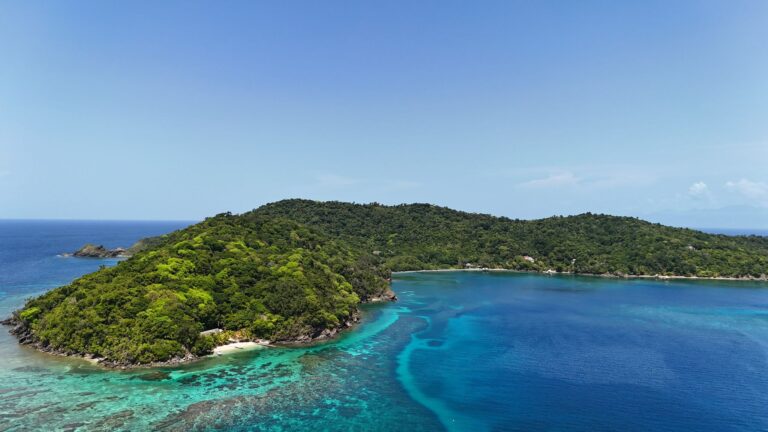 Aerial view of a lush green island in Roatan, Honduras, surrounded by turquoise waters and coral reefs with a small sandy beach cove.