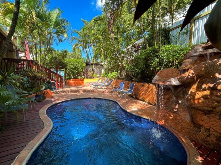 Luxurious swimming pool surrounded by tropical palm trees and lush greenery in Roatan, Bay Islands, Honduras, with a bright blue sky overhead.