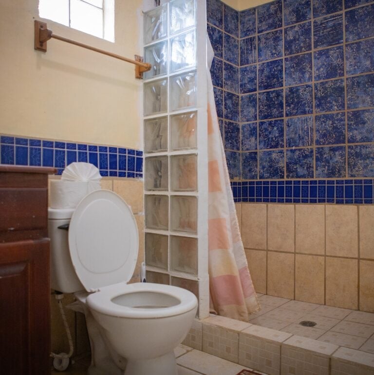 A bathroom with a toilet, beige tiled floor, and a shower area separated by a glass block wall in Roatan, Honduras, showing a simple and functional design.