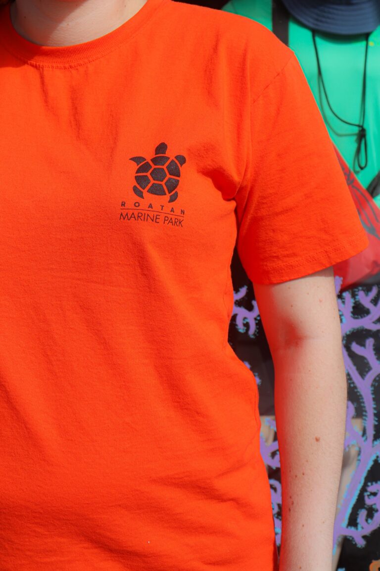Close-up of a person wearing an orange t-shirt with the Roatan Marine Park logo, featuring a turtle design, against a vibrant background on Roatan, Bay Islands, Honduras.