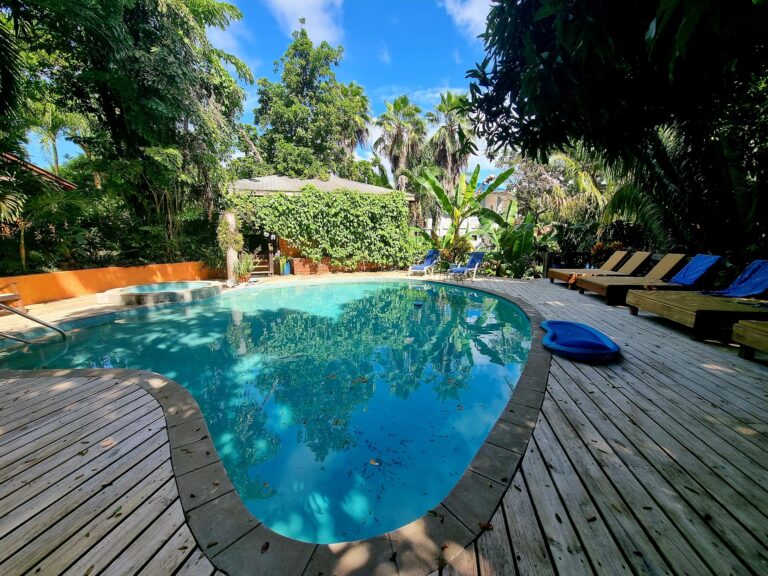 Turquoise swimming pool surrounded by a wooden deck, lounge chairs, and lush tropical vegetation in Roatan, Honduras.