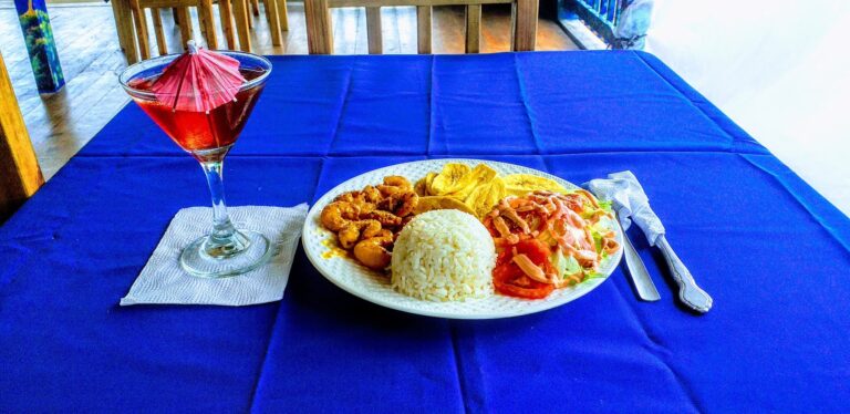 A plate of Honduran cuisine with rice, salad, fried plantains, and shrimp, accompanied by a red cocktail with a small paper umbrella, set on a blue table on a wooden patio in Roatan, Honduras.