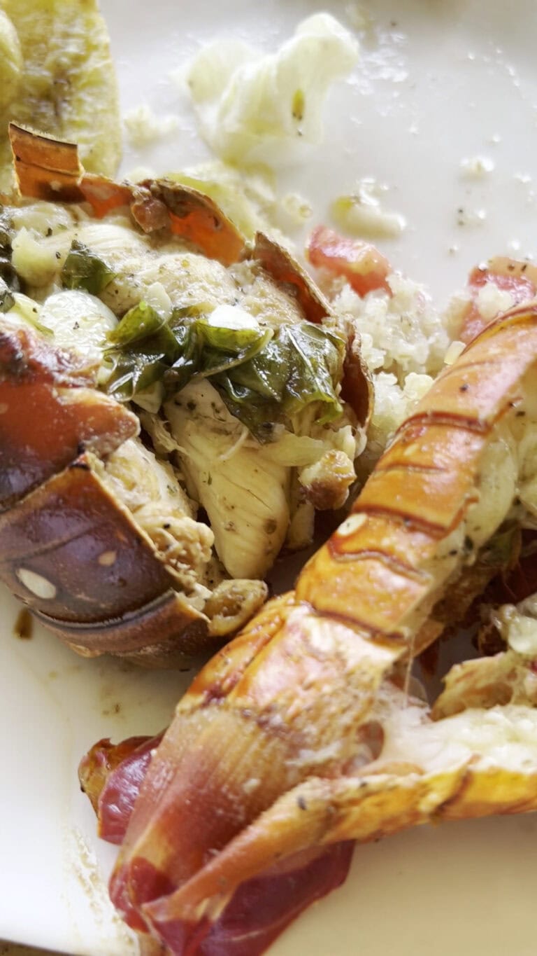 Lobster tail with herbs and sauce served on a white plate in Roatan, Honduras.