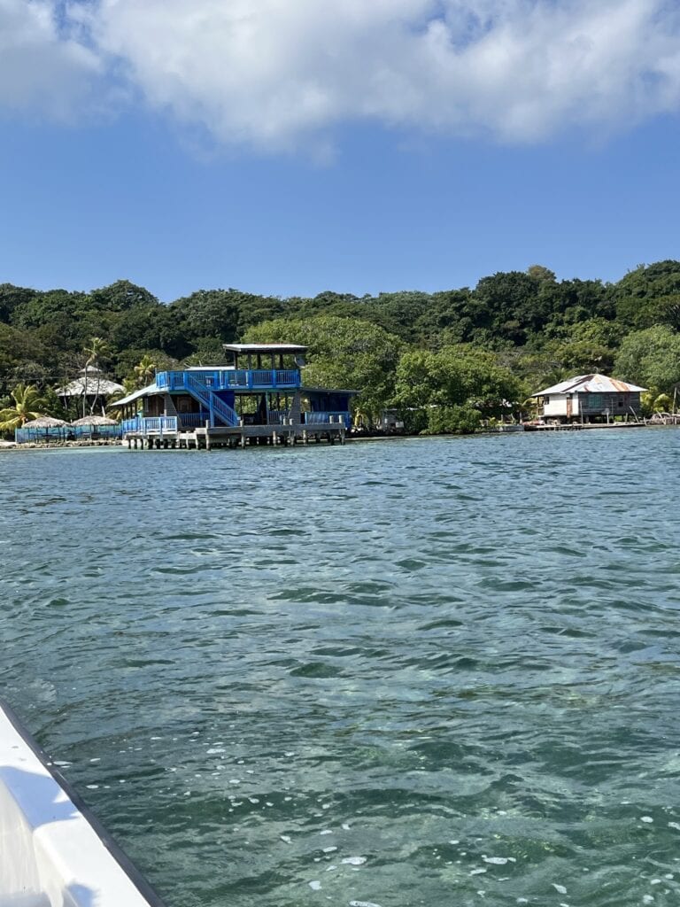Colorful stilt houses and a blue wooden structure along Roatan's coastline with lush green trees and blue sky in the background in Honduras.
