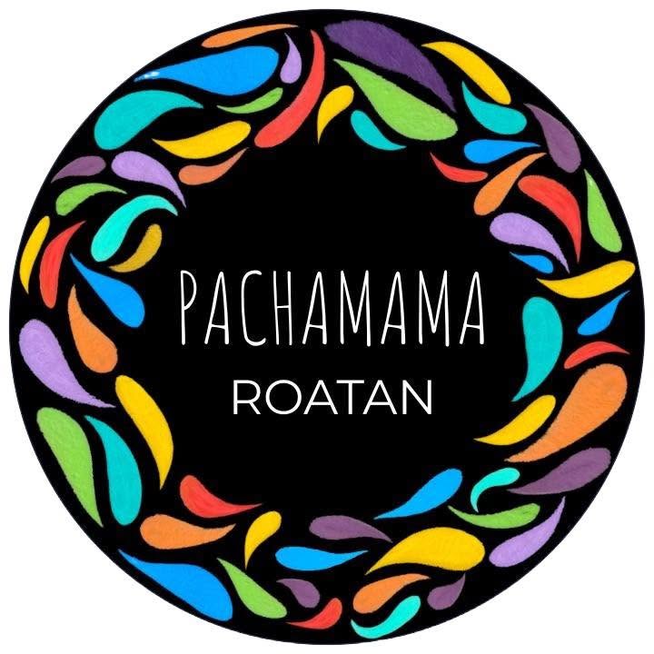 Colorful circular logo with a black background featuring the text 'Pachamama Roatan' surrounded by vibrant, multicolored leaf-like designs representing Roatan's lively cultural scene in Honduras.