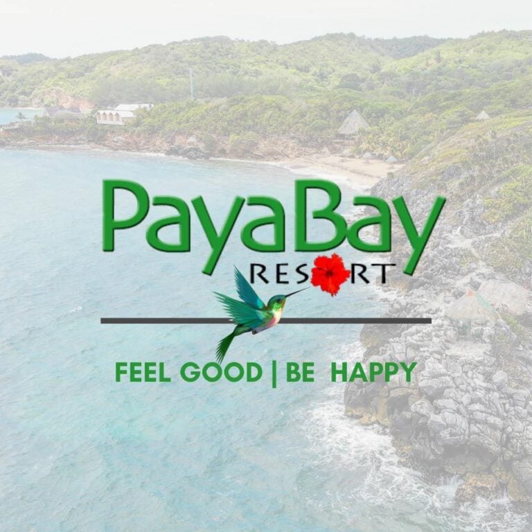 A scenic view of Roatan's coastline with lush green hills, rocky shoreline, and clear turquoise water, featuring the PayaBay Resort logo, a colorful hummingbird, and the slogan "Feel Good | Be Happy.