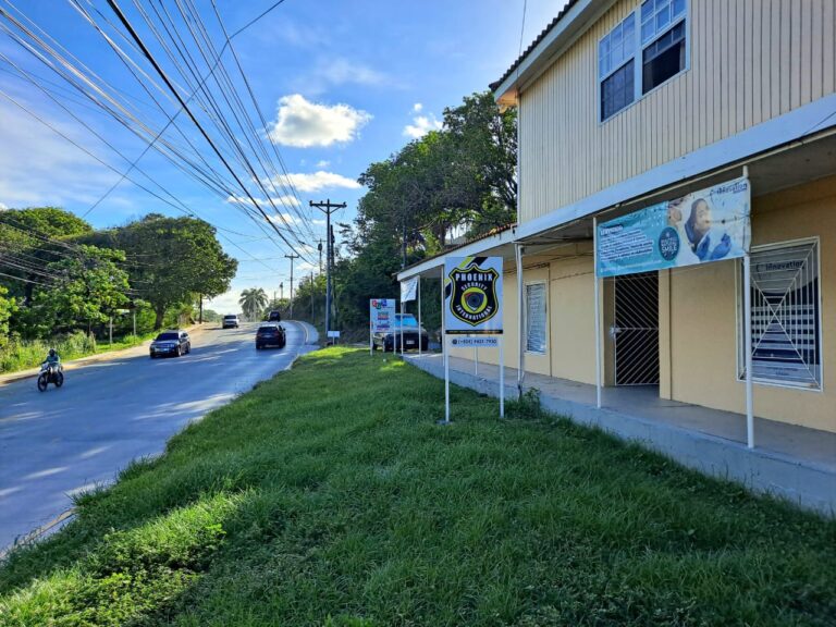 A roadside building in Roatan, Honduras, displays signs for a security company and health services, with a two-story yellow structure, a grassy sidewalk, and vehicles traveling along the curved road under a partly cloudy sky.