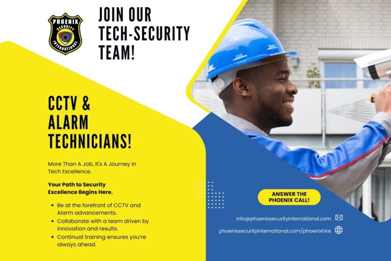 A smiling technician in a blue safety helmet installs a security camera on a building exterior in Roatan, Honduras, with text promoting a tech-security team specializing in CCTV and alarm systems.