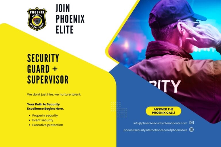 A promotional graphic for Phoenix Security International on Roatan, Honduras, featuring a security guard in a purple uniform and hat, with bold text advertising security guard and supervisor jobs, colorful geometric design elements, and contact information.
