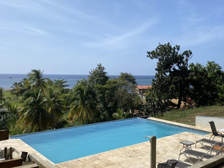 A swimming pool with lounge chairs overlooking the lush greenery, palm trees, and the ocean horizon on Roatan, Honduras.