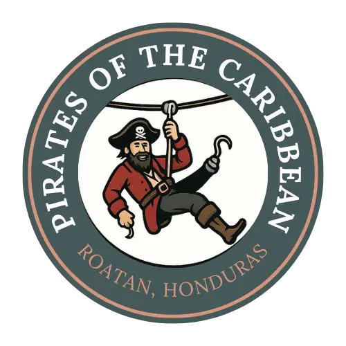 The image shows a circular logo for "Pirates of the Caribbean" highlighting its location in Roatan, Honduras, featuring a cartoon pirate with a beard, wearing a pirate hat, holding a hook and swinging on a rope.