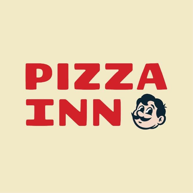 A vintage-style sign displaying the words PIZZA INN in bold red capital letters with a smiling cartoon chef's face to the right, set against a light beige background, representing a pizzeria in Roatan, Honduras.