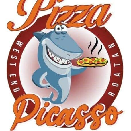 A cartoon shark holding a pizza slice, with a wide smile and large eyes, representing a playful mascot for Pizza Picasso in Roatan, Honduras.