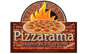 Pizzarama logo featuring a brick oven, flames, and a freshly topped pizza for a Roatan, Honduras pizzeria.