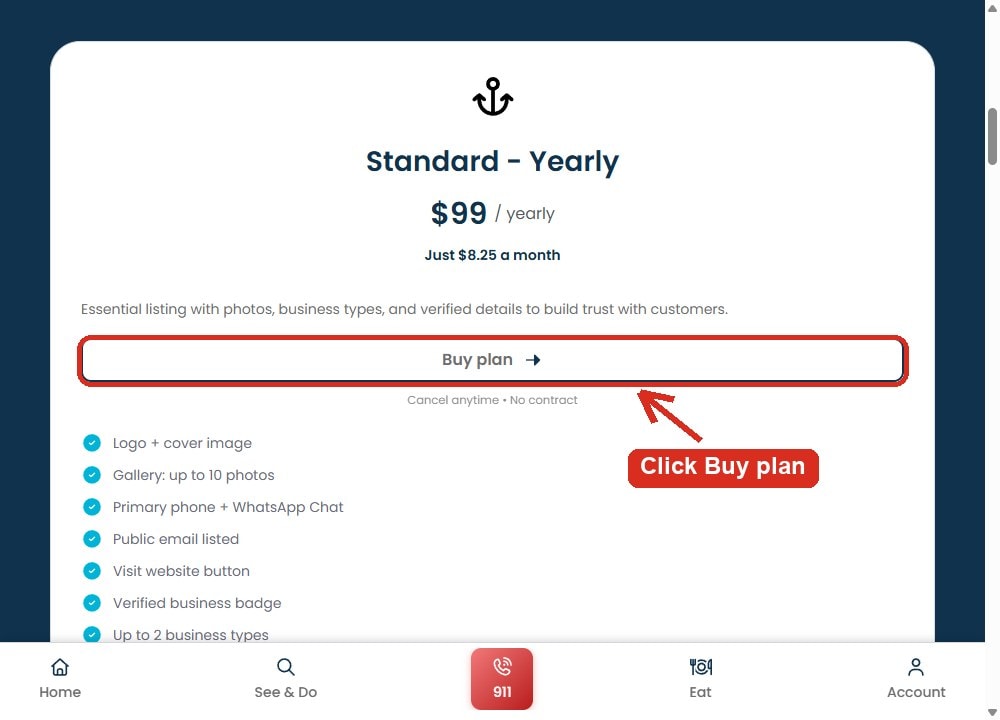 The listing plans page with an arrow pointing to the Buy plan button.