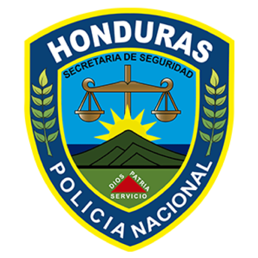 Honduras National Police shield emblem featuring scales of justice, a sunrise, mountains, and the words Policía Nacional.