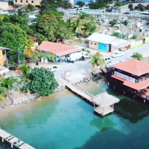 A scenic view of a waterfront area in Roatan, Honduras, featuring a pier with a thatched-roof shelter, surrounding tropical greenery, colorful buildings, and a calm ocean bay.