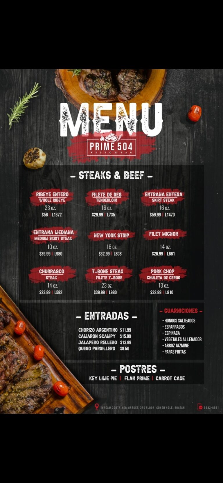 A restaurant menu featuring various steaks and beef dishes, with prices and portion sizes, displayed on a dark background with decorative food images, located in Roatan, Honduras.