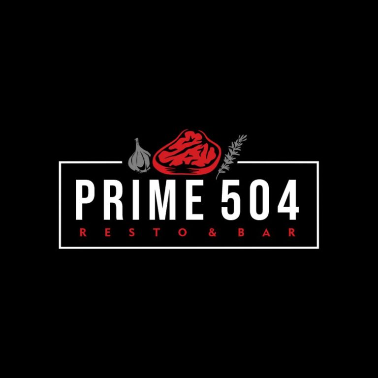 The Prime 504 Restobar logo features a red meat illustration flanked by a garlic bulb and a sprig of herbs on a black background with white and red text highlighting "Prime 504" and "Restobar," representing a dining and bar establishment in Roatan, Honduras.