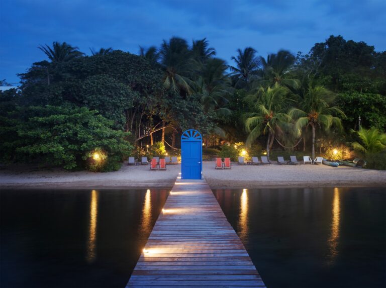 A wooden pier extends over calm water towards a blue door set among illuminated palm trees and lush greenery on a beach in Roatan, Honduras, during dusk.